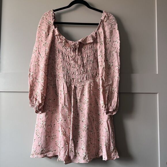 Reformation Floral Mini Dress Sz 14 Morris Smocked Melody Pink Long Sleeve Lined